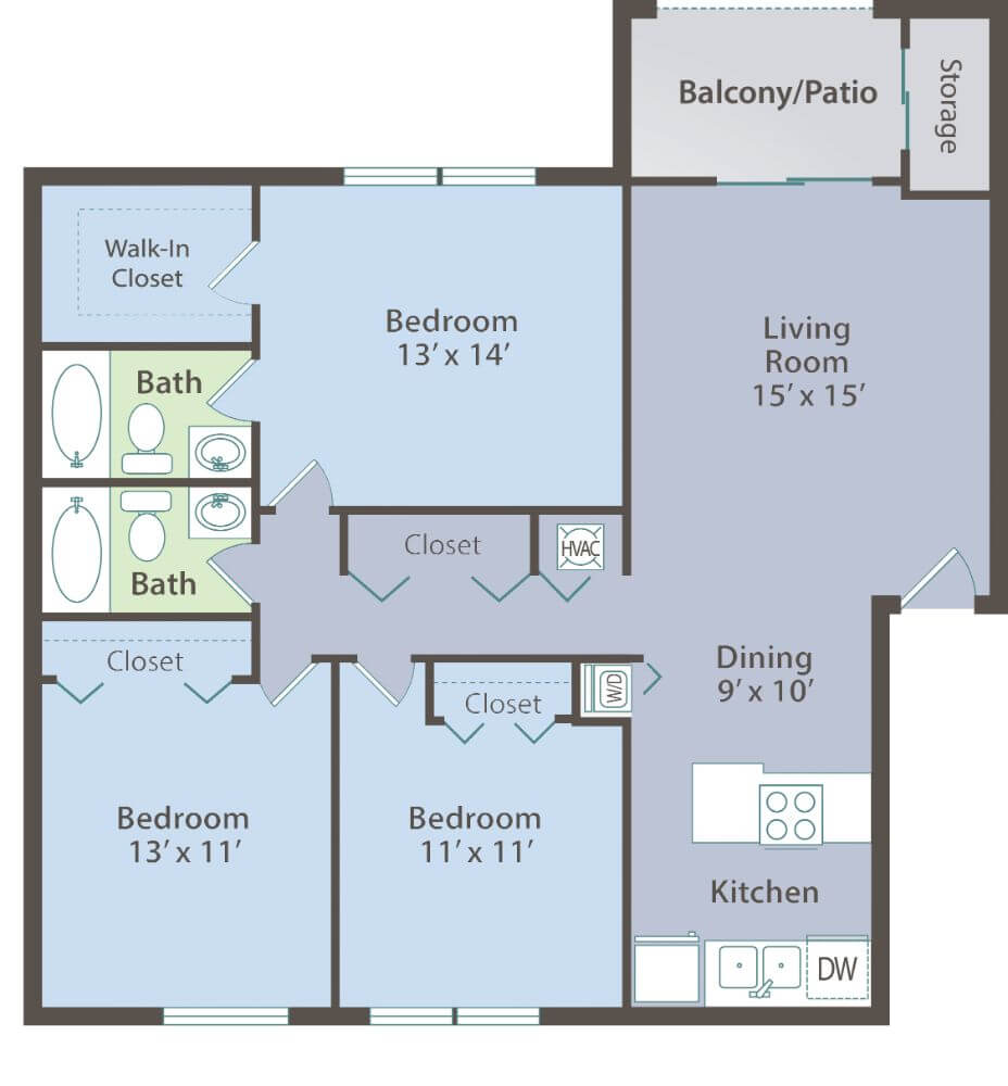 three bed two batch 1,189 square foot floor plan