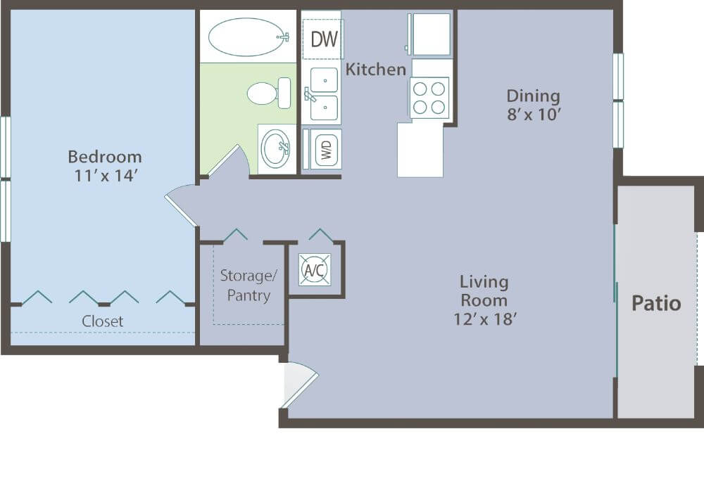 one bed one batch 727 square foot floor plan
