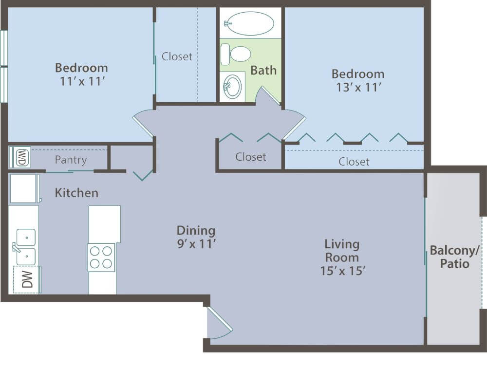 two bed one batch 912 square foot floor plan