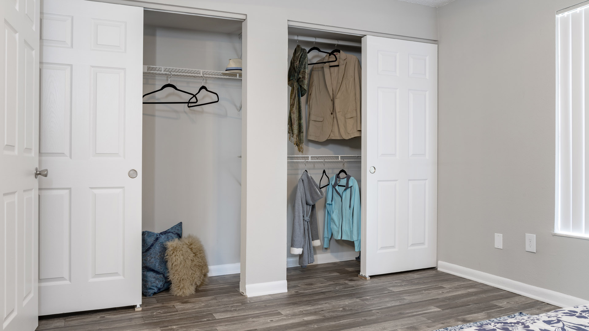plenty of closet space and wood-style flooring in bedroom